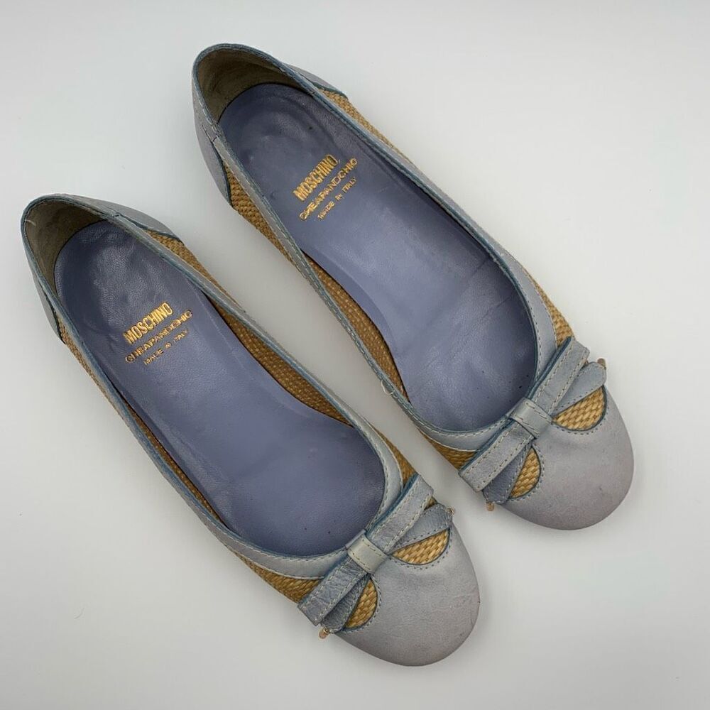 Moschino Cheapandchic Leather Rafia Ballet Flats Blue‎ Beige Size 36 - Picture 3 of 12